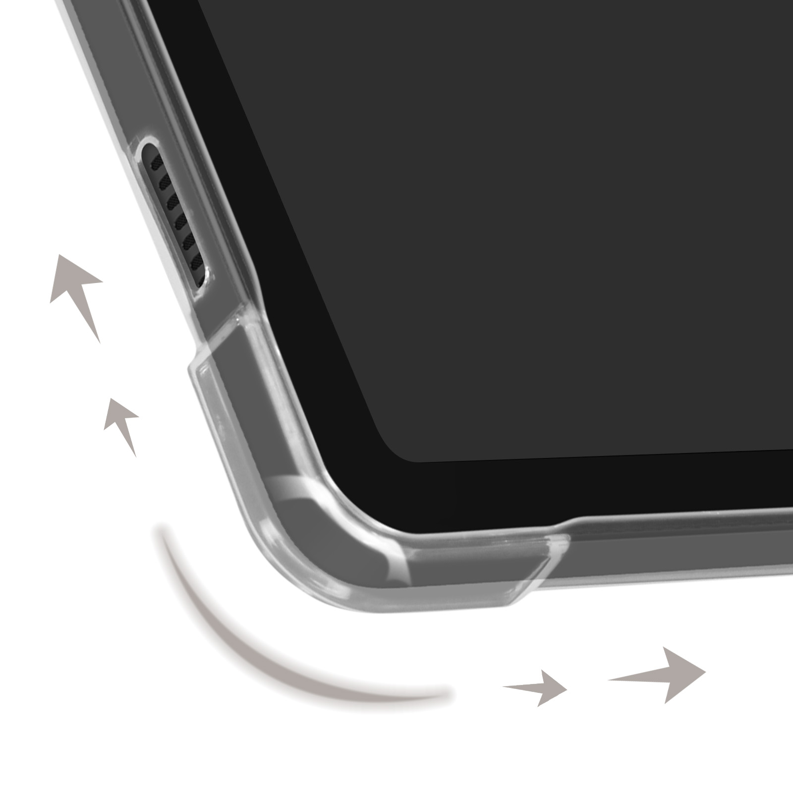 Nahaufnahme einer Telefontaschenecke. Die Hülle ist transparent und schützt den Rand des Telefons.