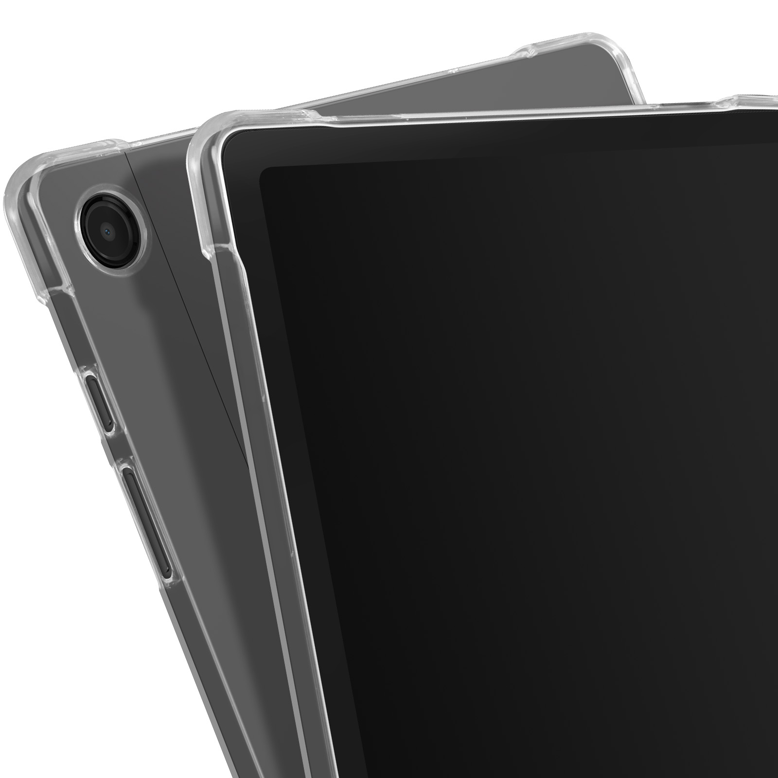 Zwei Tablets, eines in einer transparenten Hülle, die Rückkamera und einen schwarzen Bildschirm zeigen.