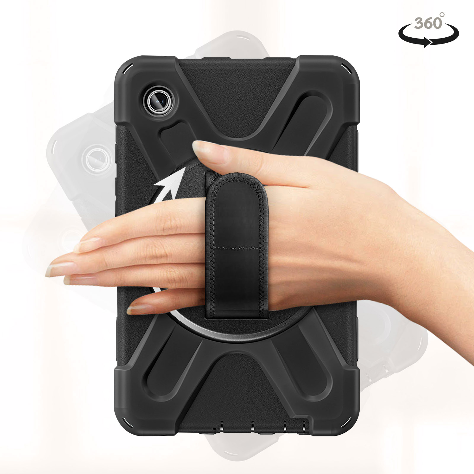 Schwarze Tablethülle mit Handschlaufe und Drehfunktion, von Hand gezeigt.