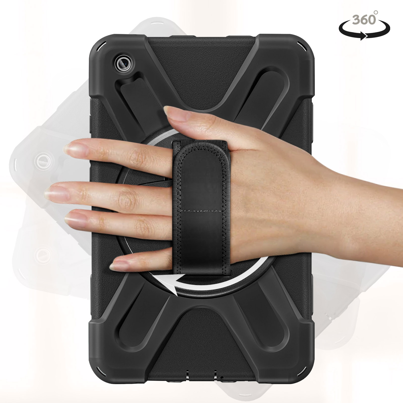 Schwarze Tablethülle mit einer Hand, die die Hülle mit einem Riemen hält.