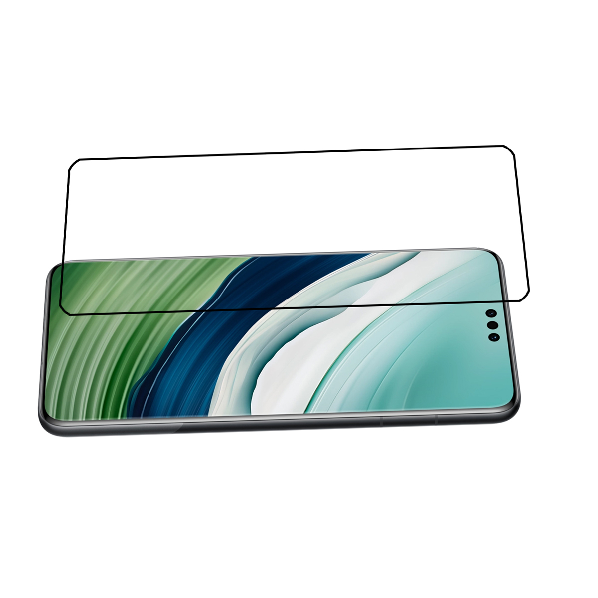Smartphone con protezione schermo in applicazione. Sfondo verde e blu.