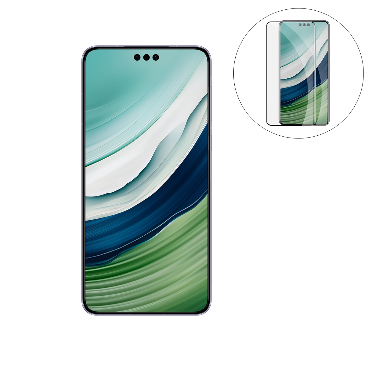 Un telefono con uno schermo che mostra un design astratto blu e verde. C'è una protezione sullo schermo.