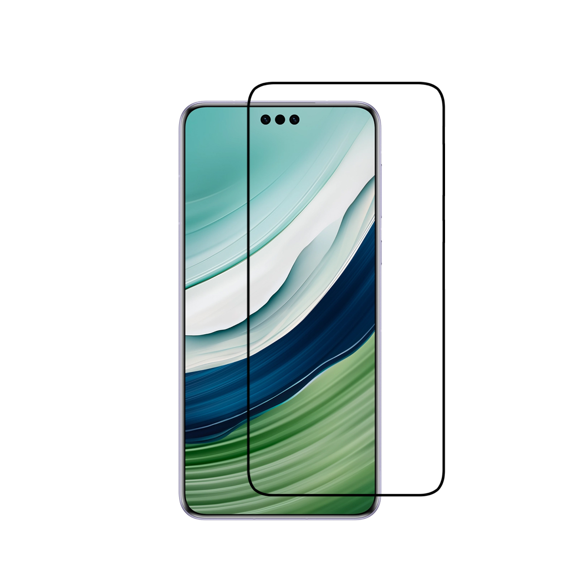 Un telefono con protezione schermo. Lo schermo mostra uno sfondo ondulato e colorato.