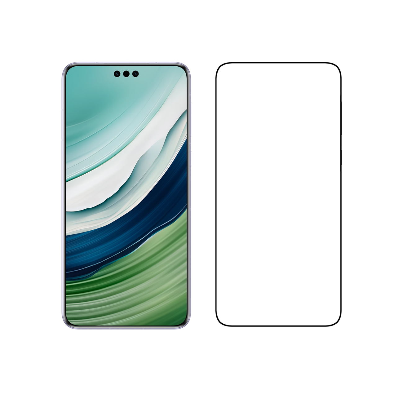 Schermo dello smartphone con protezione. Telefono: nero, con sfondo verde e blu. Sfondo bianco.