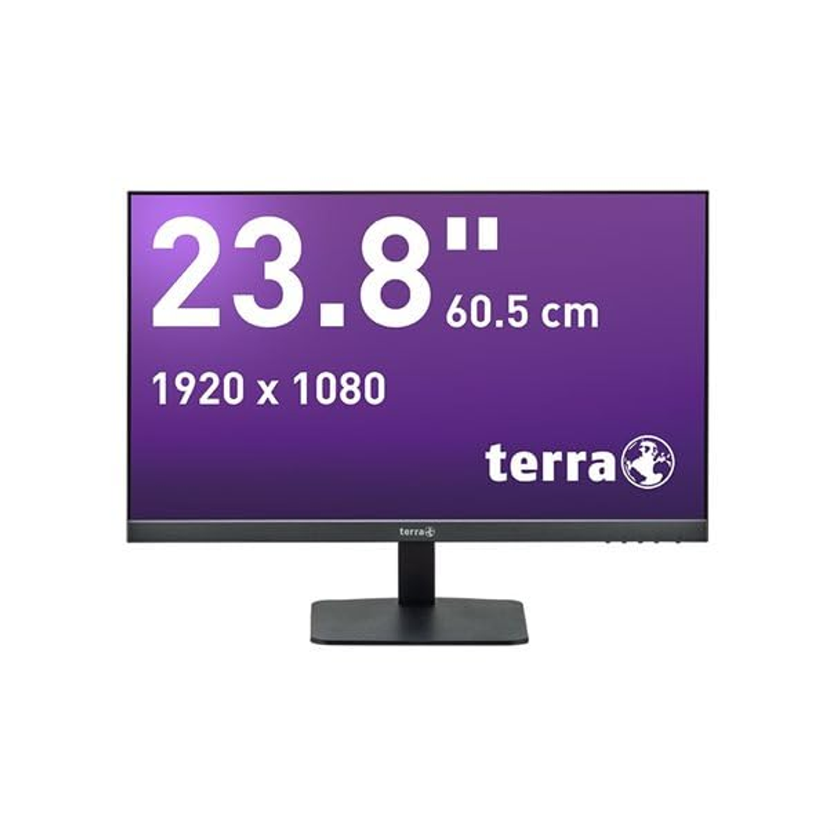 Czarny monitor komputerowy z tekstem 23,8", 1920x1080 i logo terra.