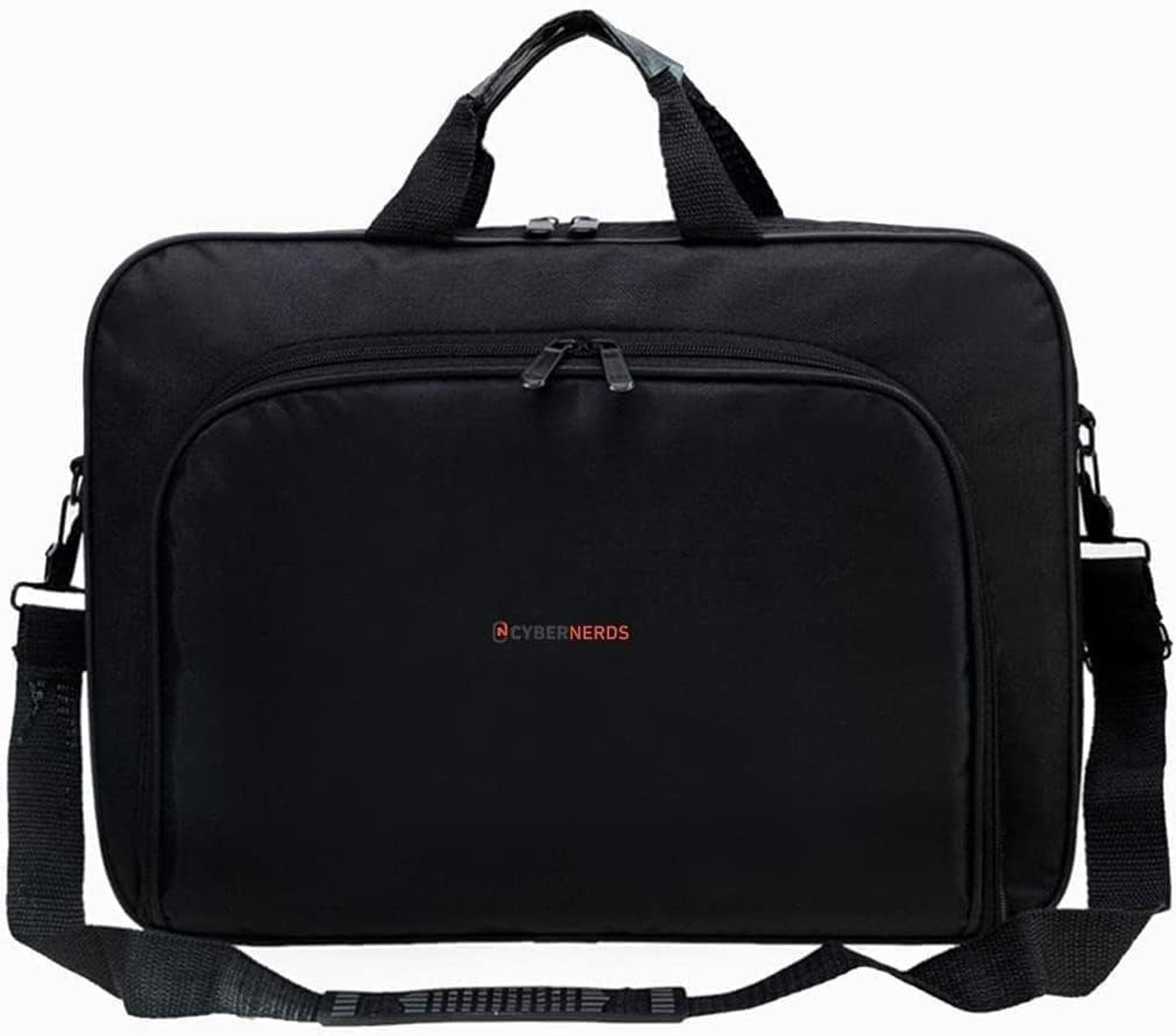 Eine schwarze Laptoptasche mit Griff und Schulterriemen. Das Cybernerds-Logo ist sichtbar.