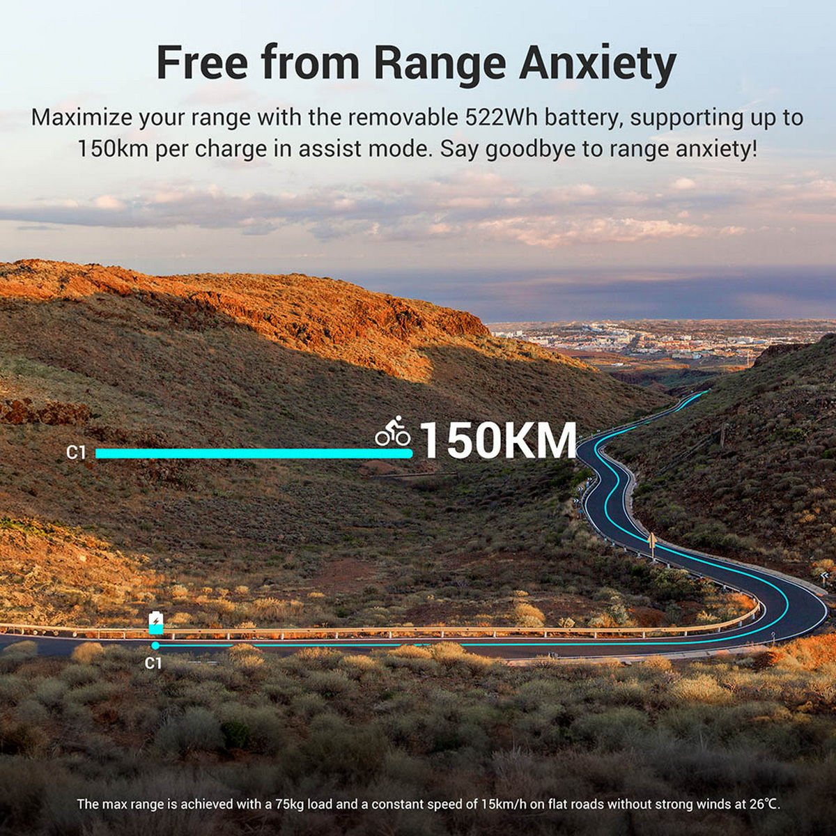 Malowniczy widok na drogę wijącą się przez krajobraz, z ikoną roweru i wskaźnikiem baterii.