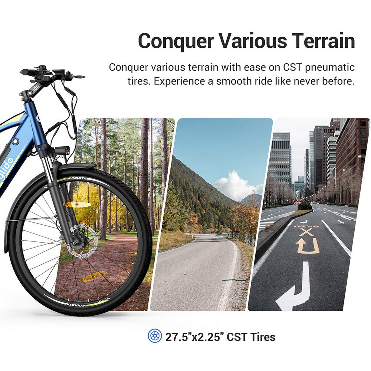 Niebieski rower z tekstem i obrazami pokazującymi różne tereny: las, droga, miasto.