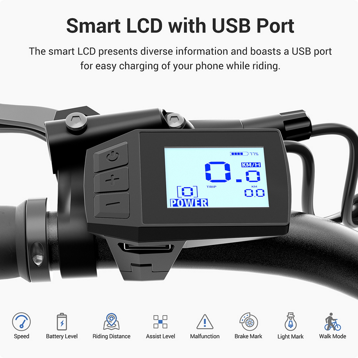 Zbliżenie wyświetlacza roweru pokazujące prędkość, poziom baterii itp.