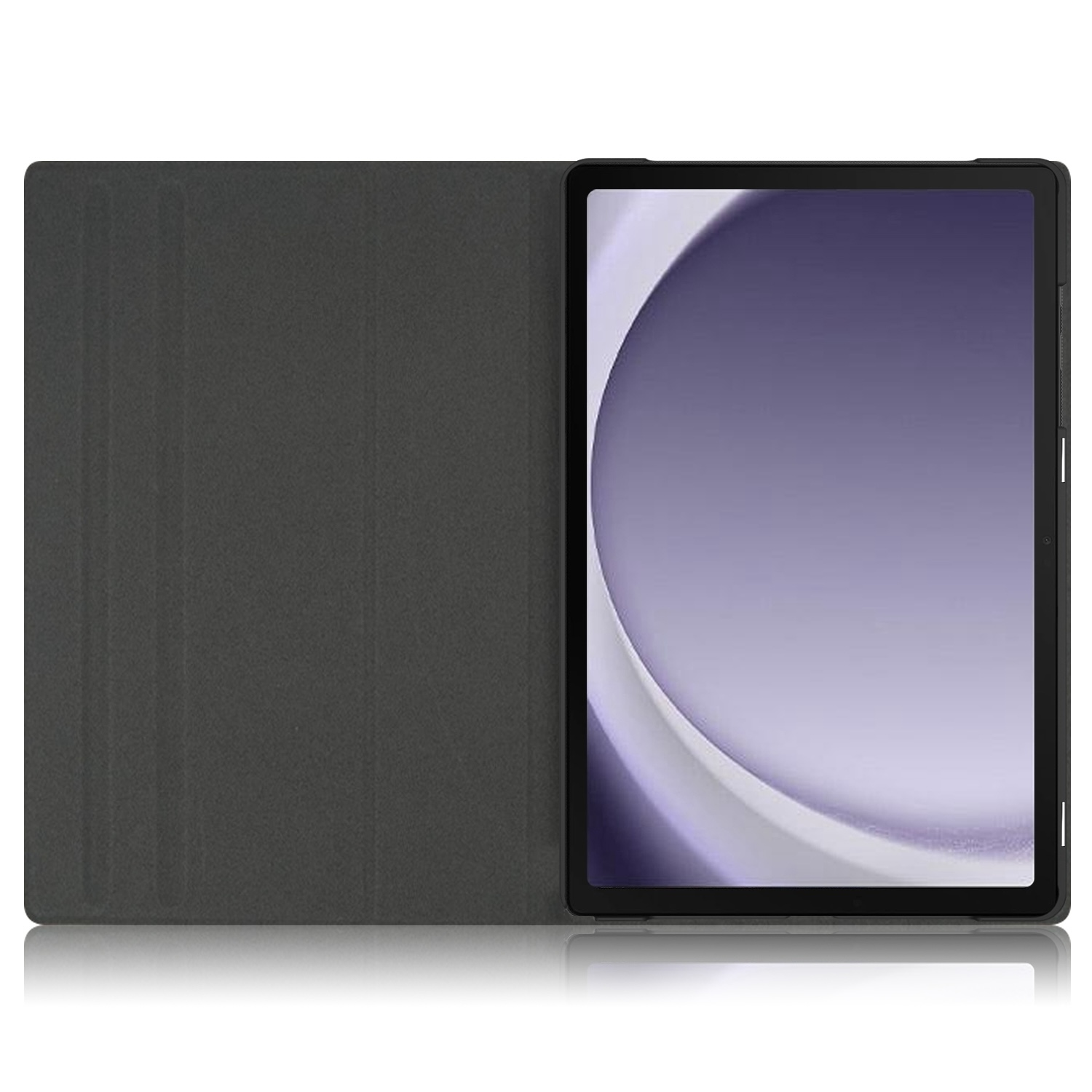 Una tableta en una funda gris abierta, que muestra una pantalla morada y blanca.
