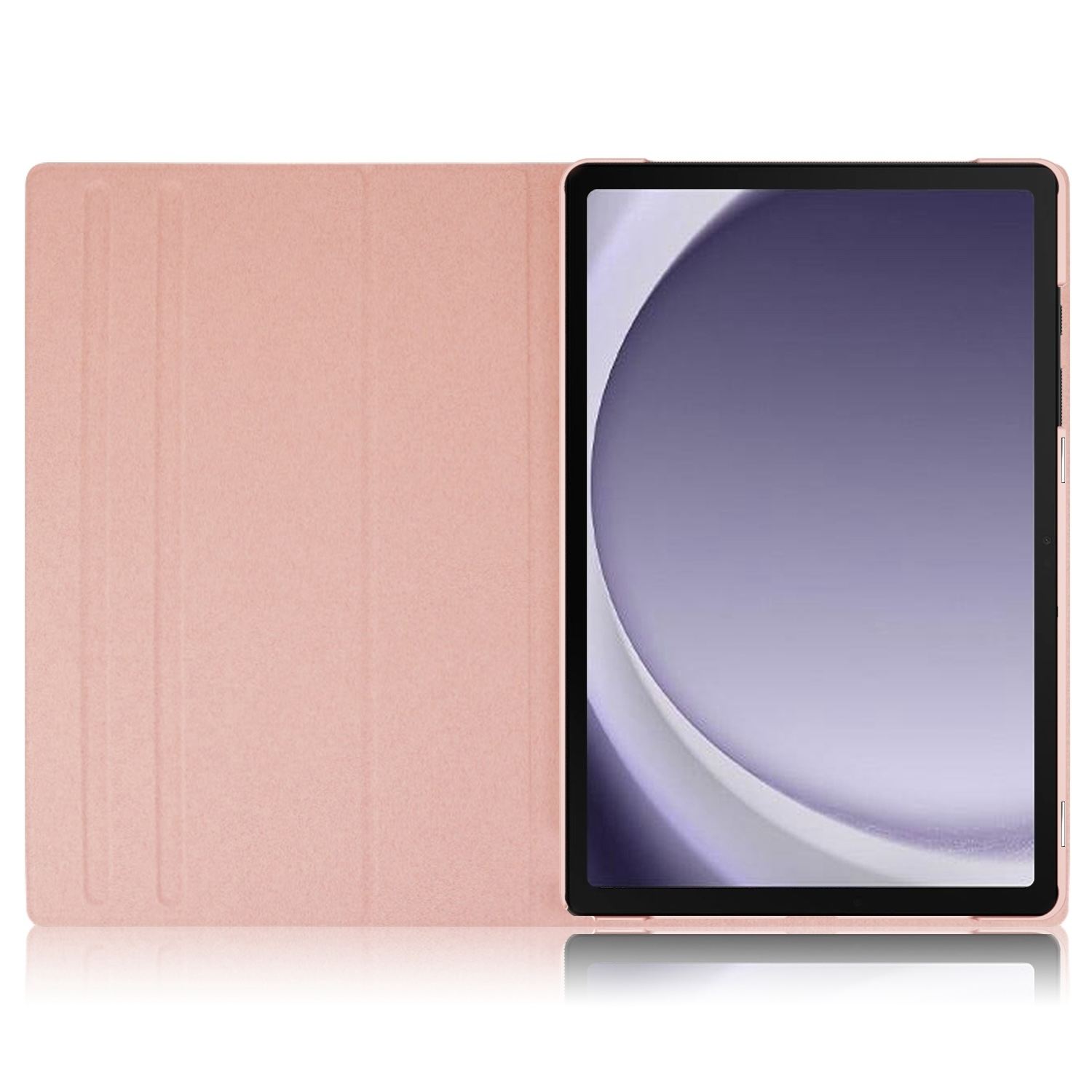 Offene pinke Tablet-Hülle, Tablet zeigt lila-farbenen Bildschirm.