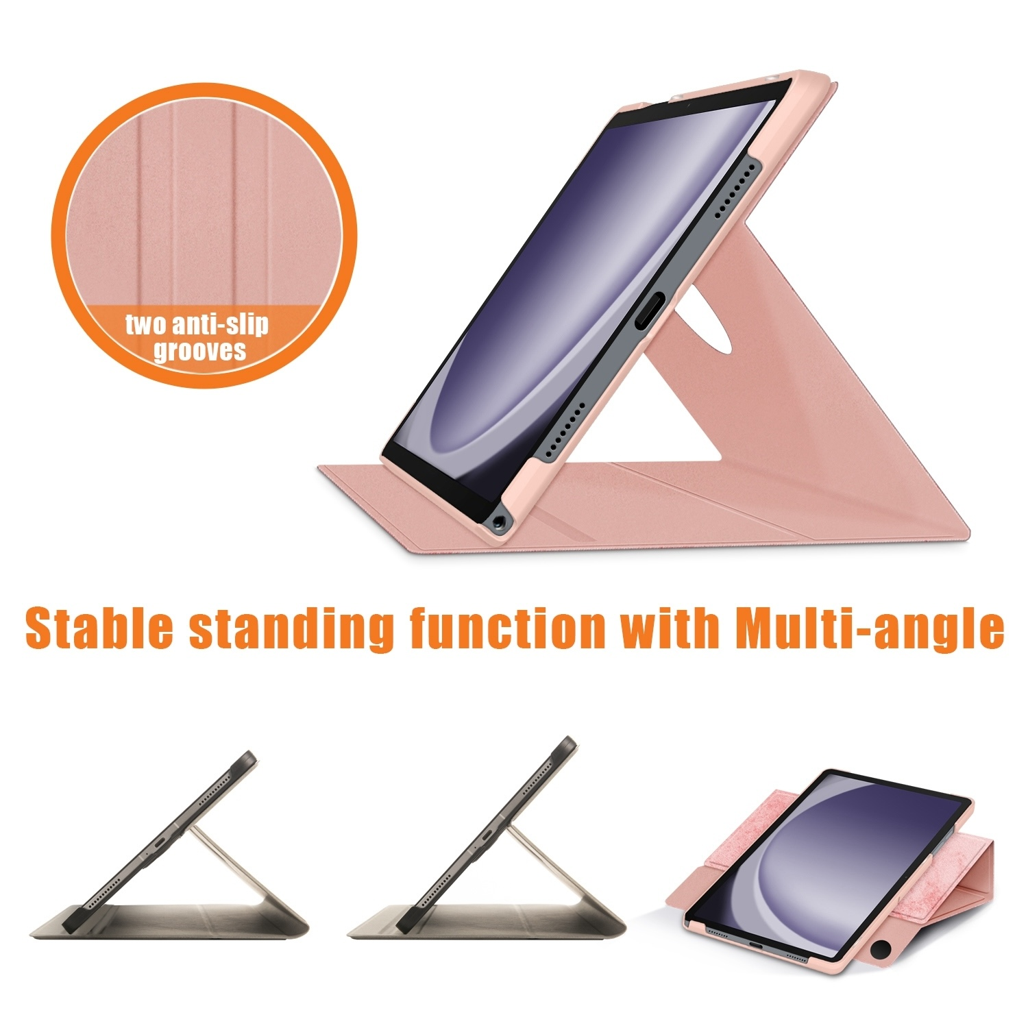 Eine pinkfarbene Tablethülle mit einem Tablet darin, gezeigt in verschiedenen Standpositionen, mit Materialdetails.