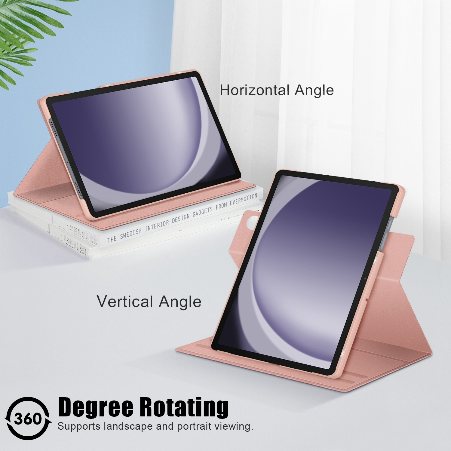 Rosa Tablet-Hülle mit zwei Tablets in verschiedenen Betrachtungswinkeln.
