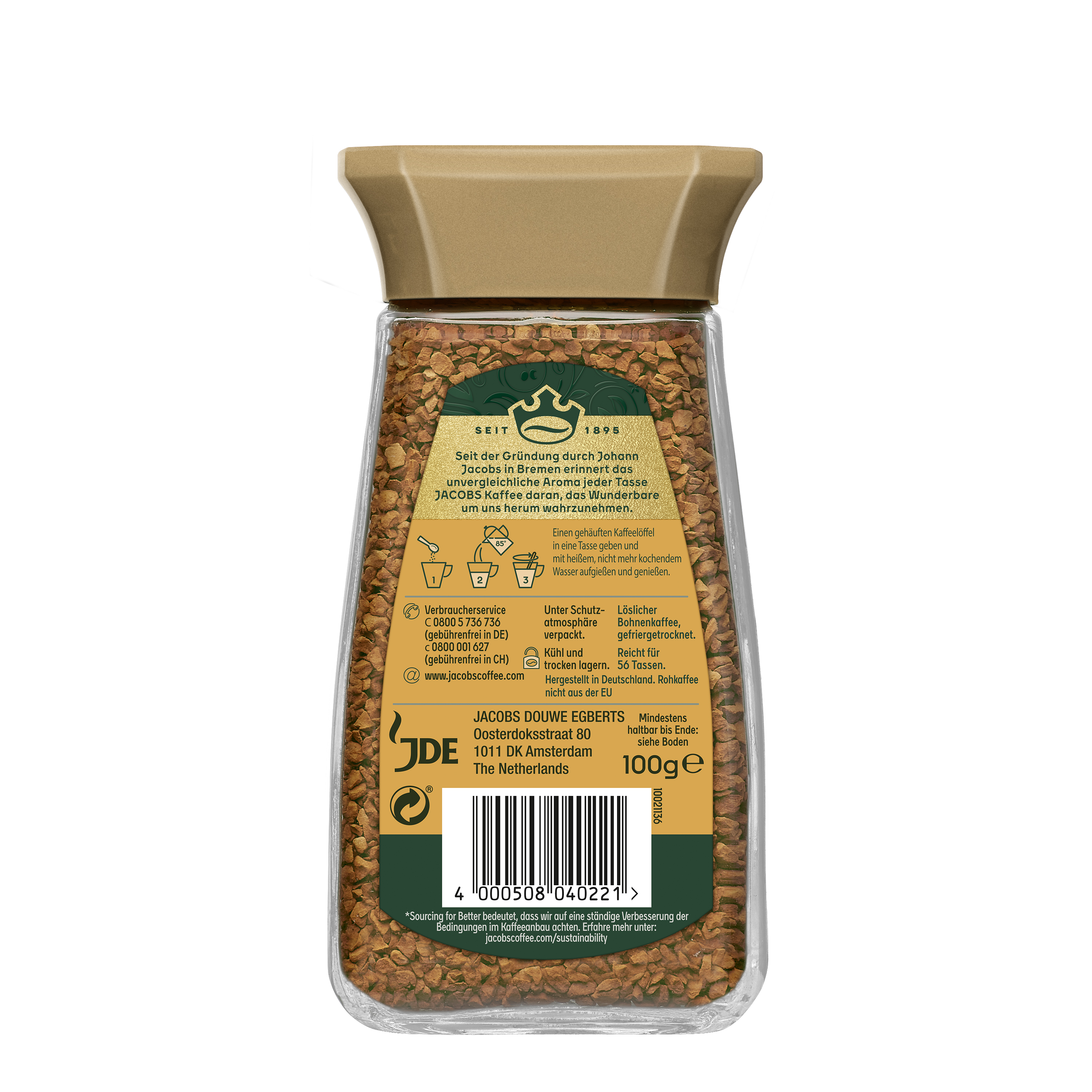Glas mit Jacobs Douwe Egberts Kaffeegranulat, Text und Produktansicht zeigend.