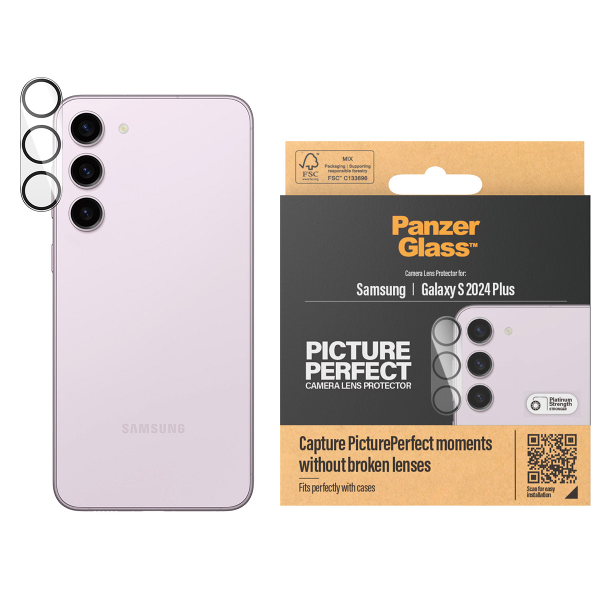 Un téléphone avec un protecteur d'écran et une boîte. Le téléphone est rose.