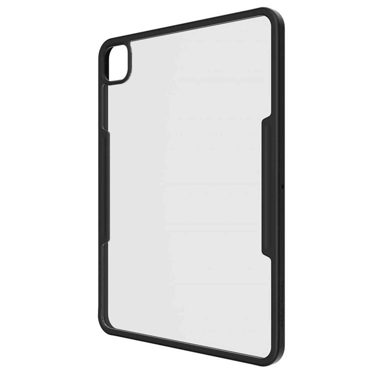 A black tablet case with a transparent back and precise cutouts.