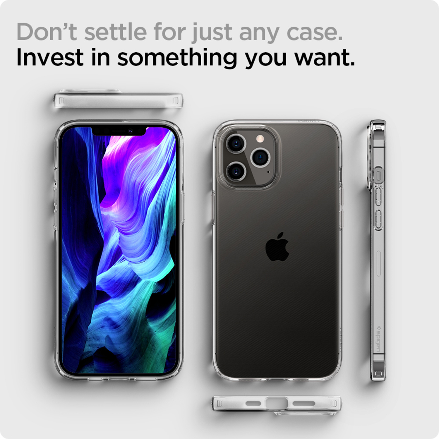 Różne telefony w przezroczystych etui z logo Apple. Etui jest w różnych pozycjach.