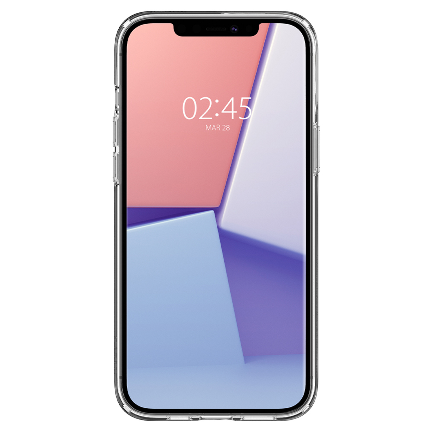Przezroczyste etui na telefonie, wyświetlające różowo-niebieskie geometryczne tło.
