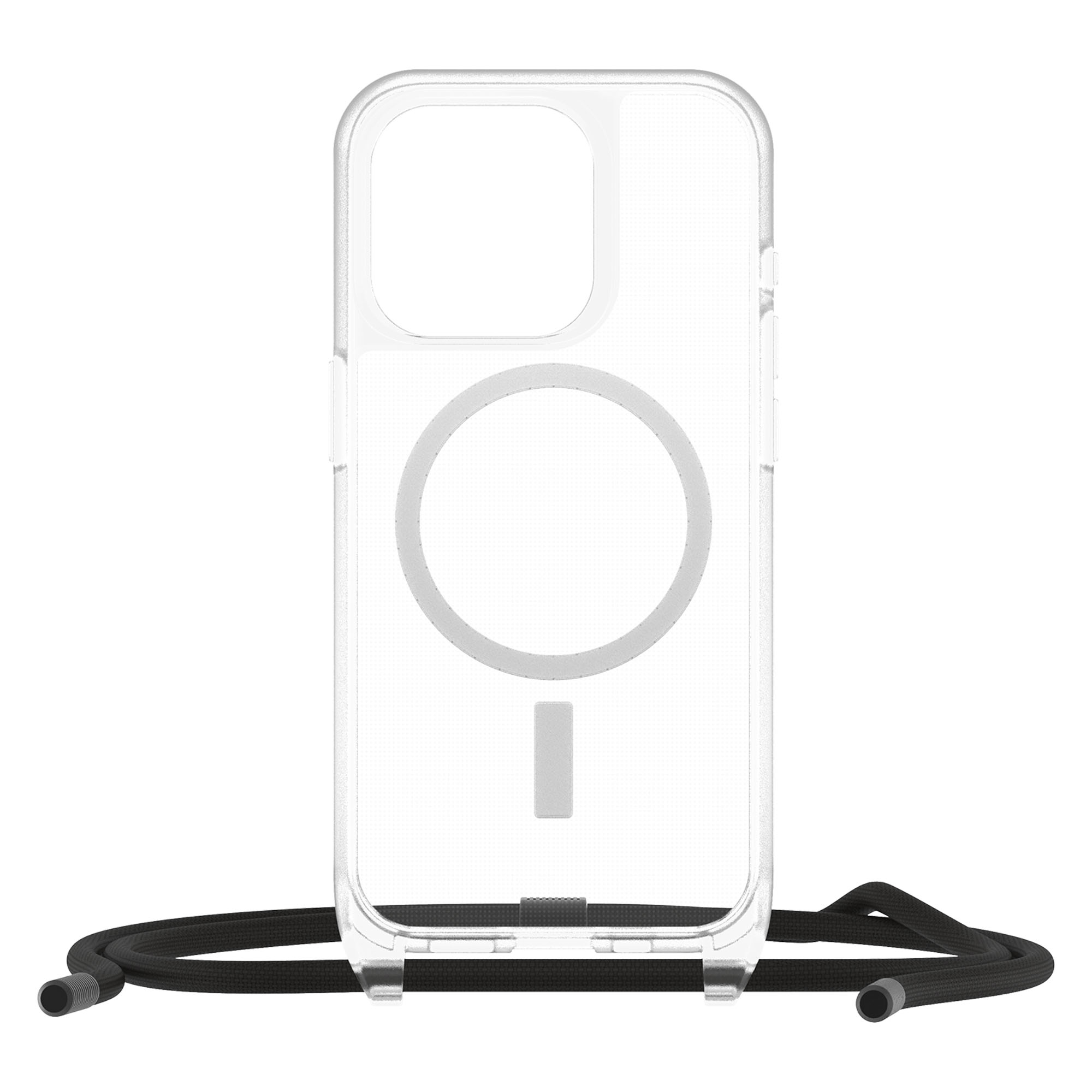 Transparente Handyhülle mit schwarzem Lanyard. Die Hülle hat einen Kreis und ein Rechteck auf der Rückseite.