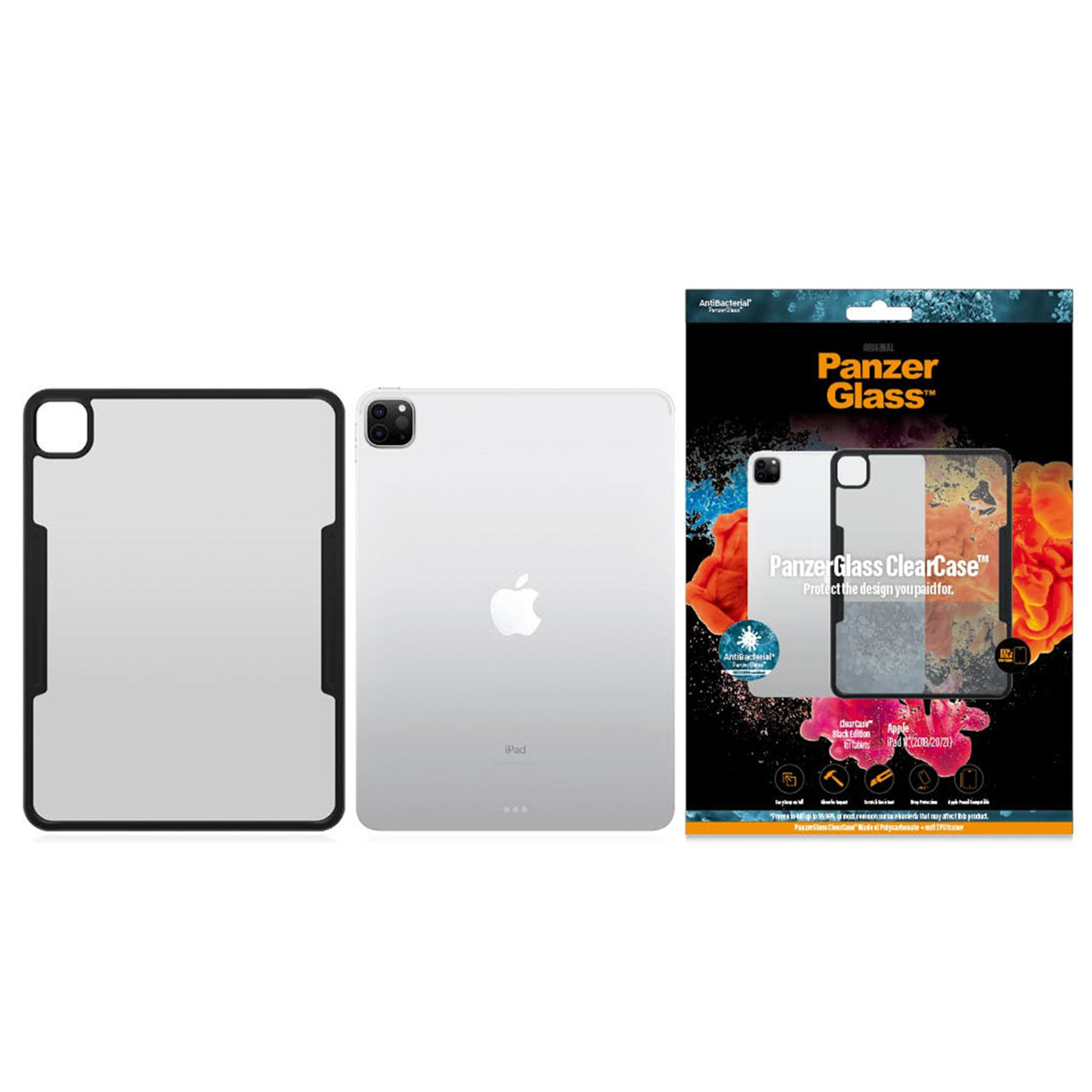 PanzerGlass ClearCase for iPad, shown with case, iPad back, and product packaging.