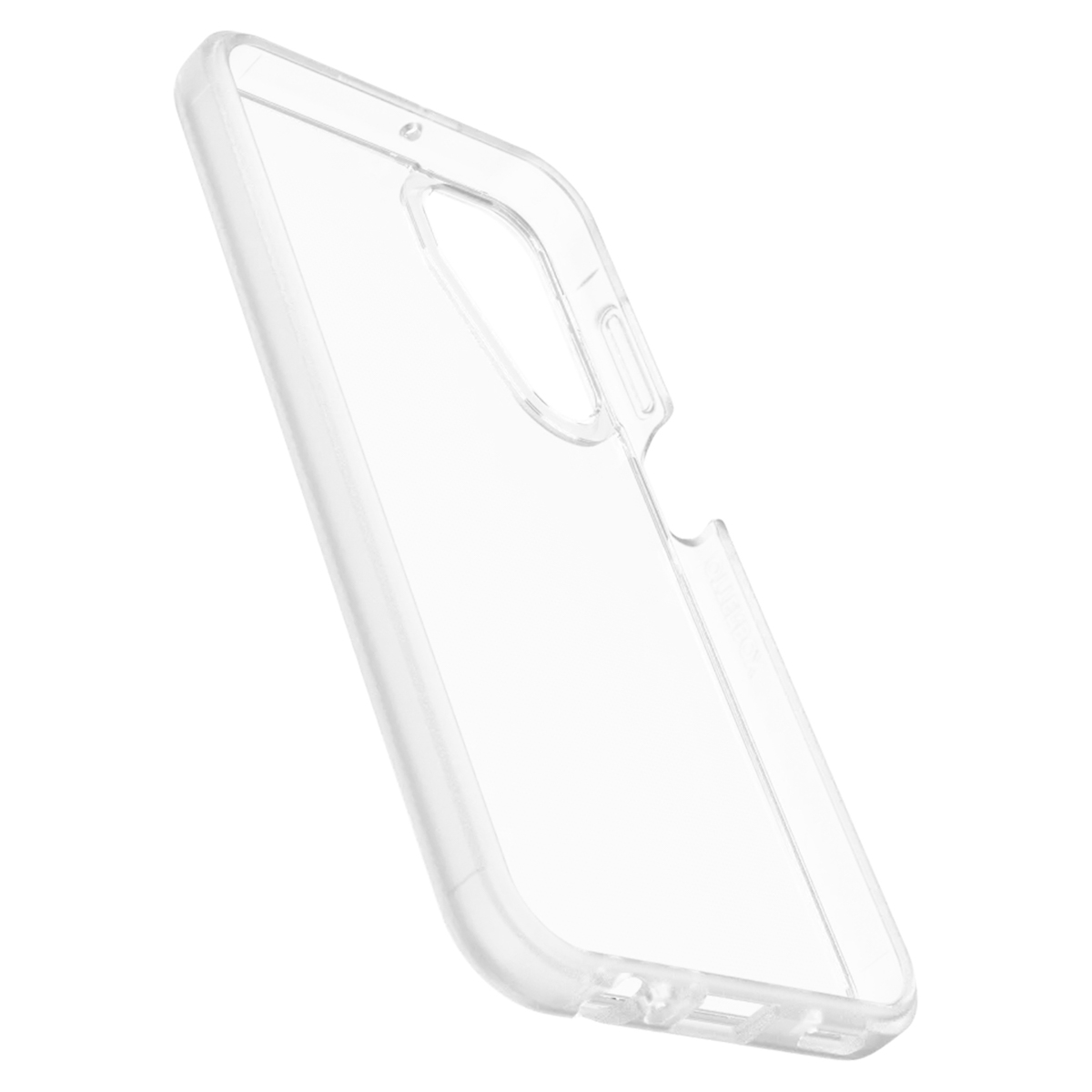 Transparante telefoonhoes, schuine weergave. Transparant plastic met openingen voor camera en knoppen.