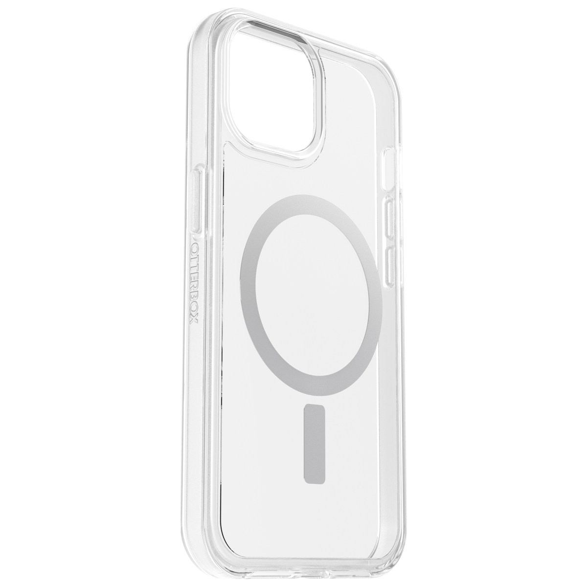 Transparente Handyhülle mit grauem Kreis und Balken auf der Rückseite.