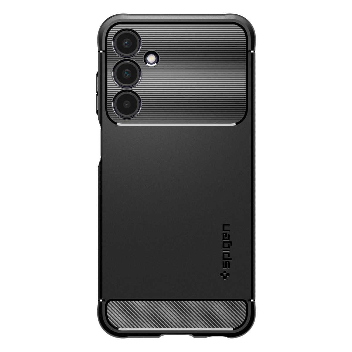 Custodia nera per telefono con parte superiore strutturata e logo Spigen. Ha un ritaglio per la fotocamera.