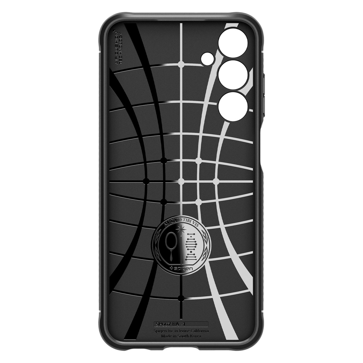 Custodia per telefono nera, vista posteriore. Design con linee curve e logo al centro.