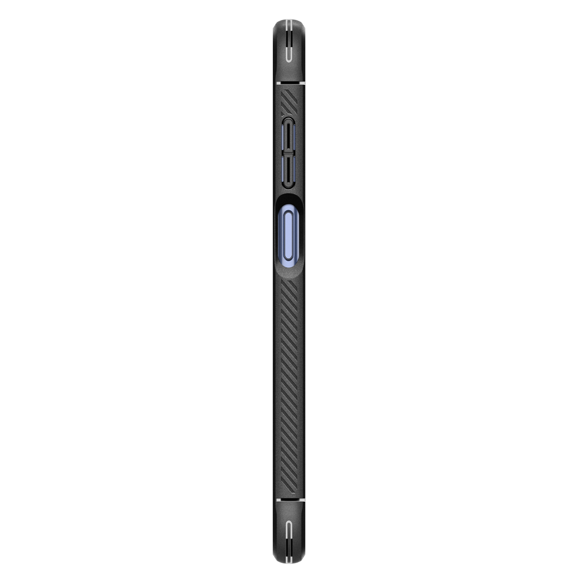 Vista laterale di una custodia per telefono nera. La custodia ha un design strutturato. Il lato ha dei pulsanti.