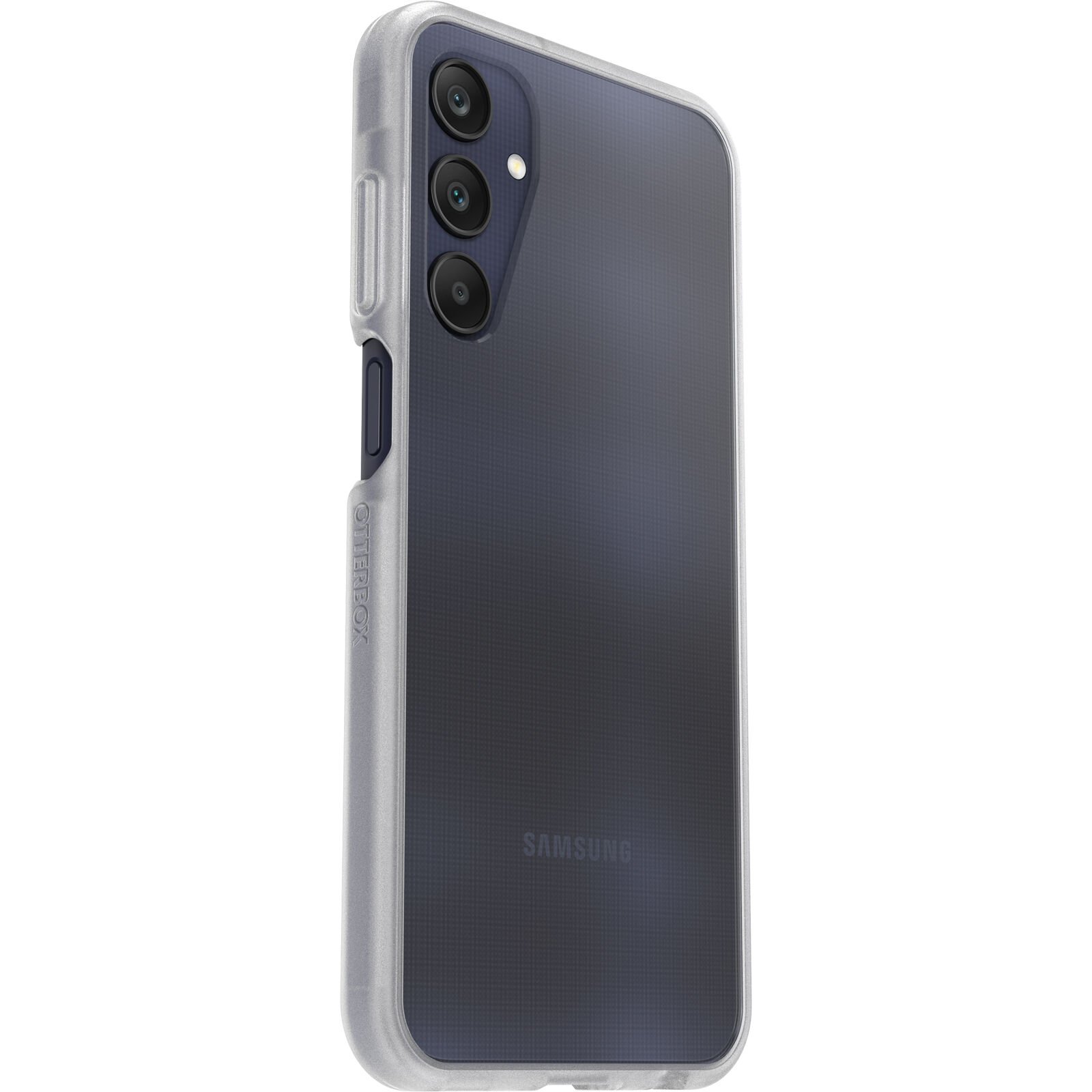 Coque transparente avec un téléphone Samsung à l'intérieur. Le téléphone a une caméra. Fond blanc.