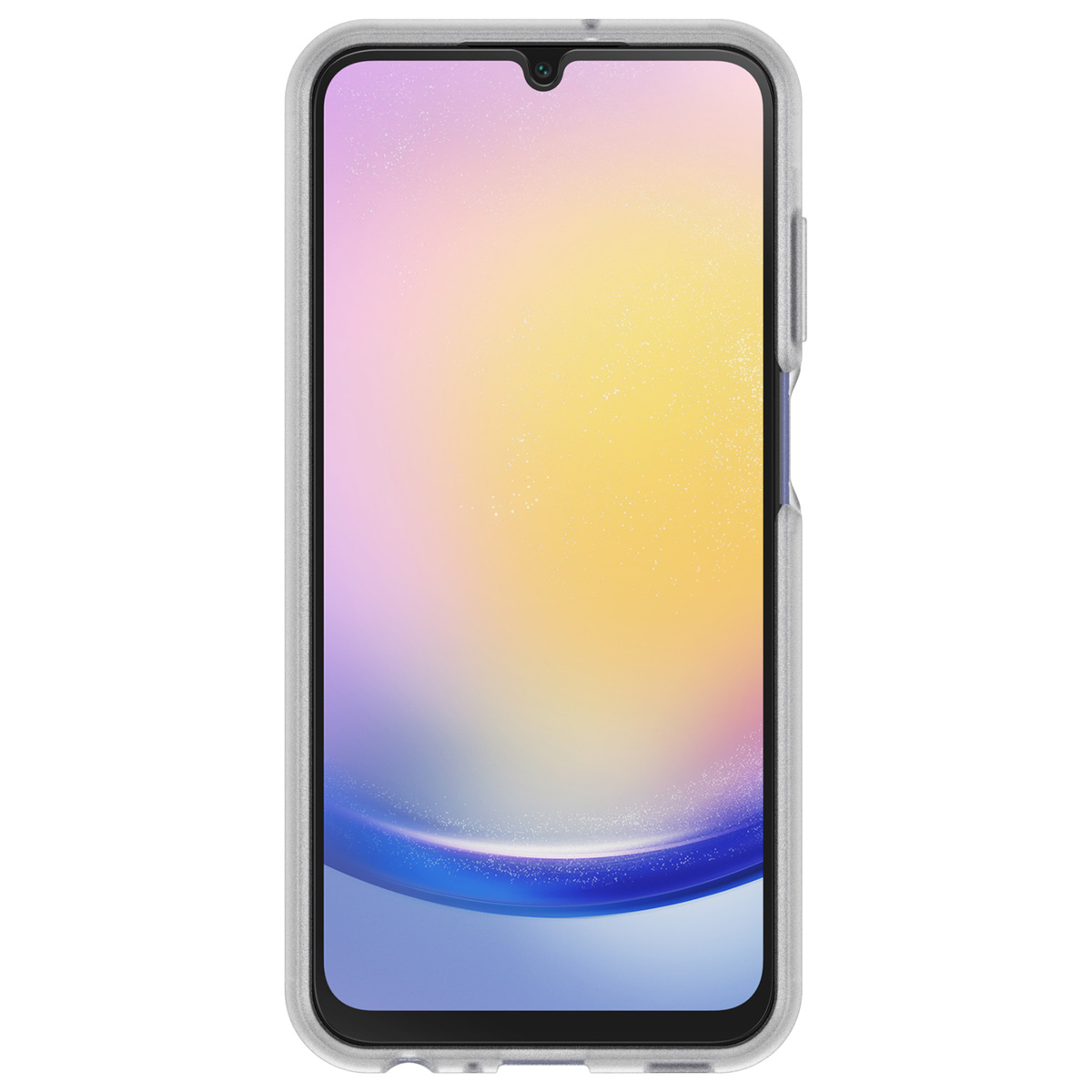 Un smartphone dans un étui transparent, l'écran affiche un dégradé coloré. Coque noire avec bordure argentée.