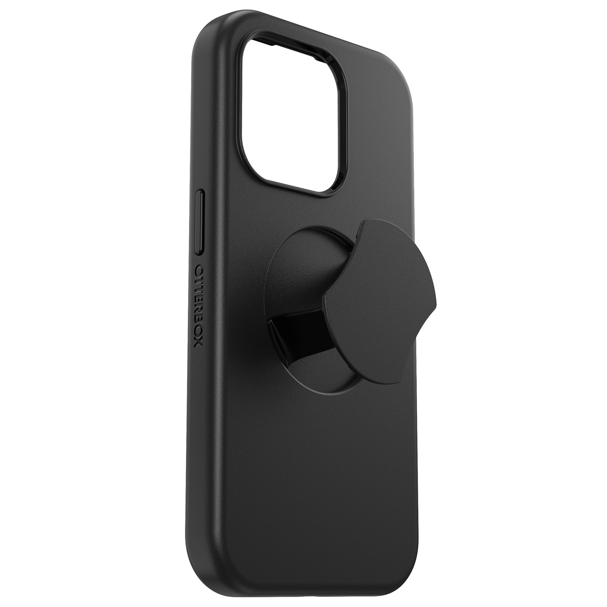 Schwarze Handyhülle mit schwarzem Pop-Socket. Die Hülle hat abgerundete Kanten.