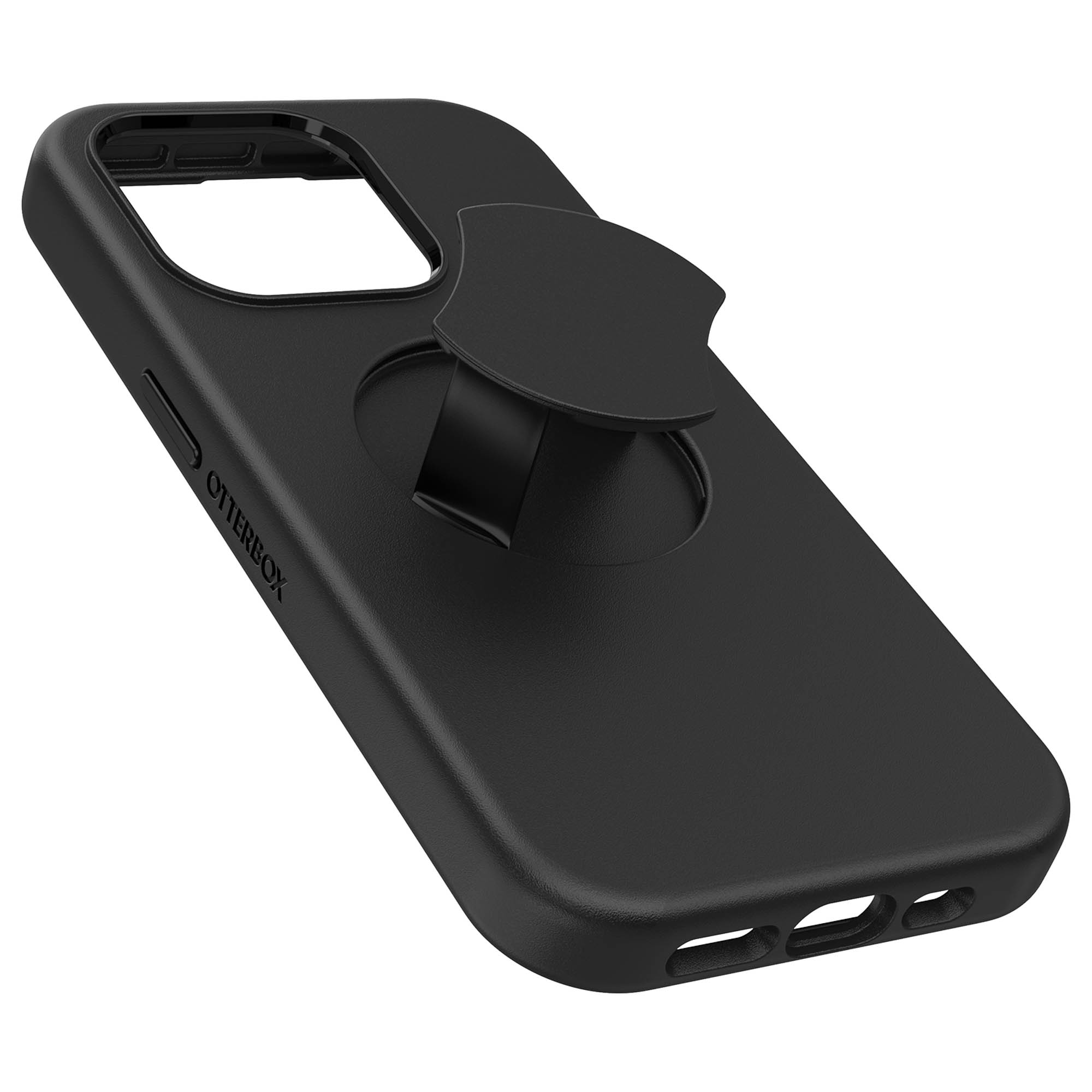 Schwarze Handyhülle mit Ständer. Schwarze Handyhülle mit eingebautem Pop-out-Ständer.