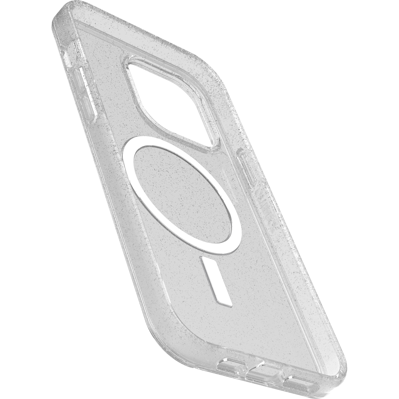 Transparente Schutzhülle mit Glitzer und MagSafe-Ring, auf weißem Hintergrund.
