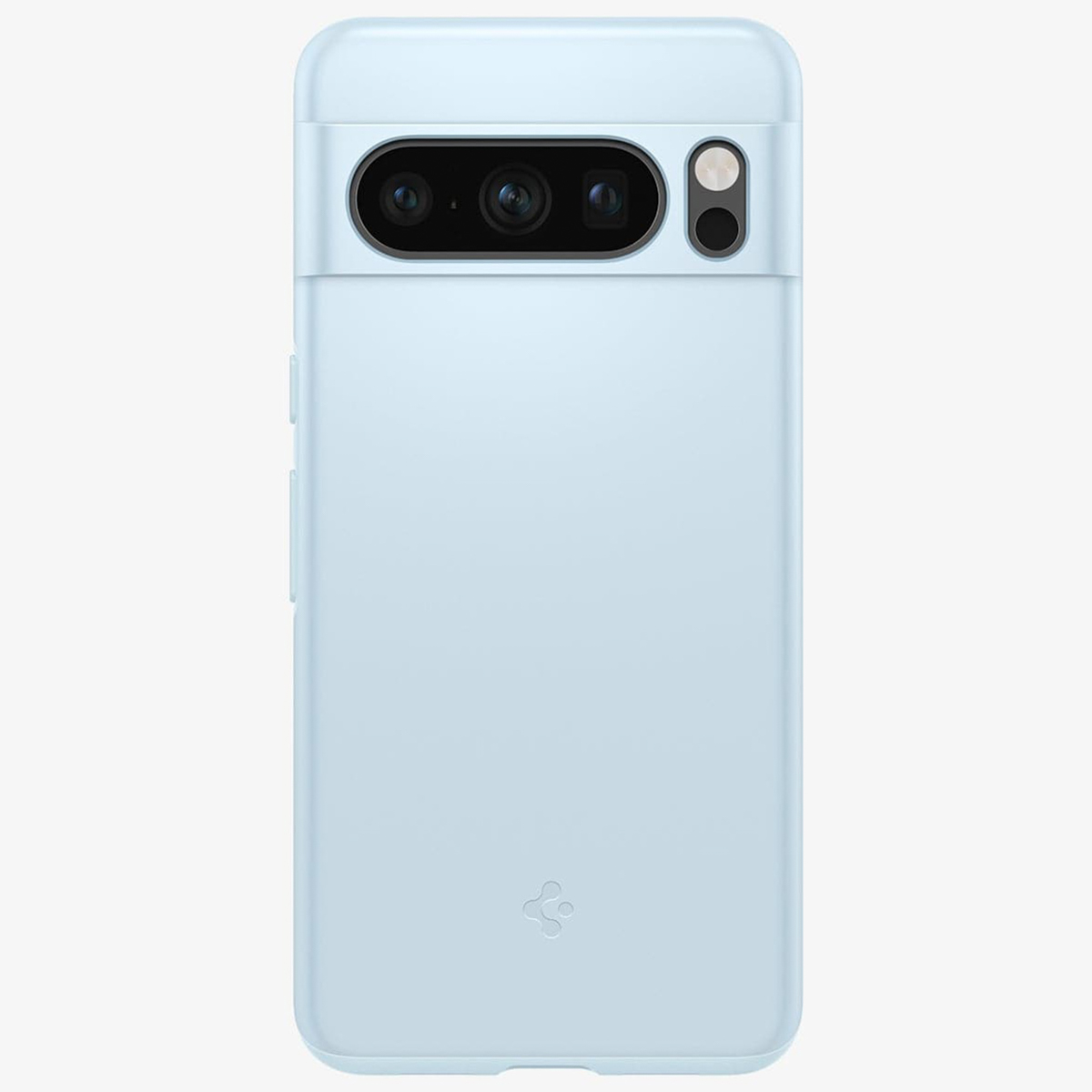 Een lichtblauwe telefoonhoes met cameralenzen.