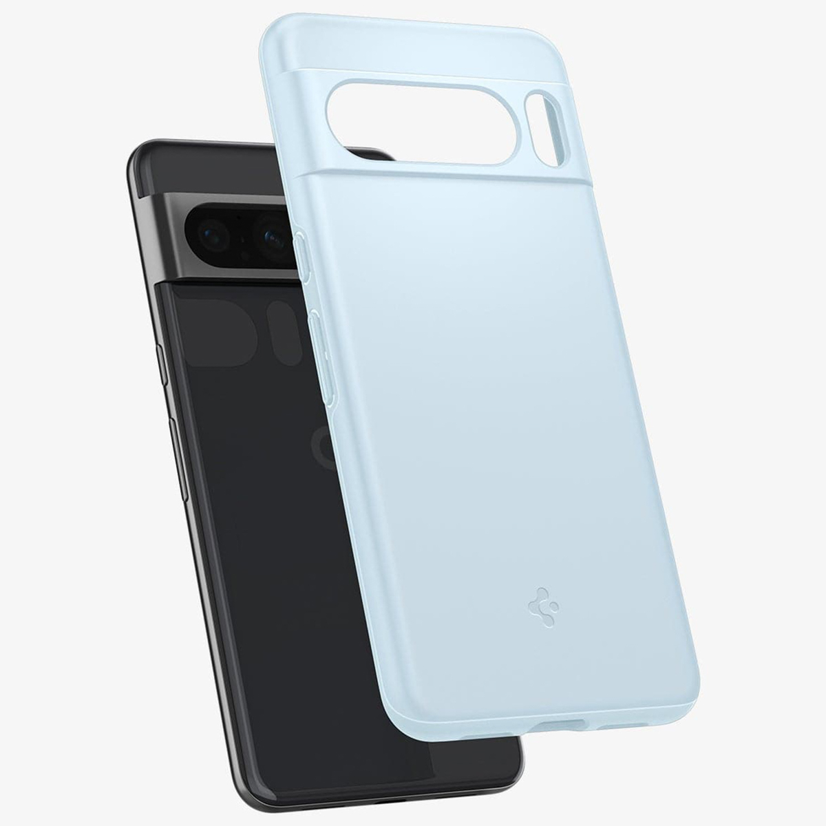 Blauwe telefoonhoes op een zwarte telefoon, met een Spigen logo.