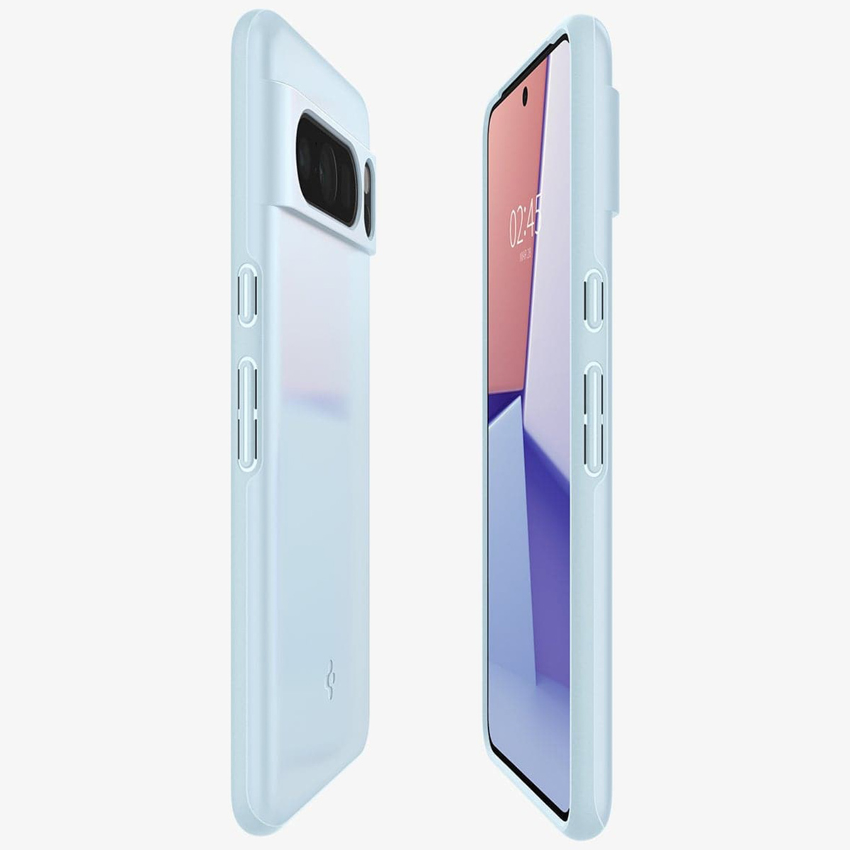 Lichtblauwe telefoonhoes, met een telefoon erin, die het scherm toont.