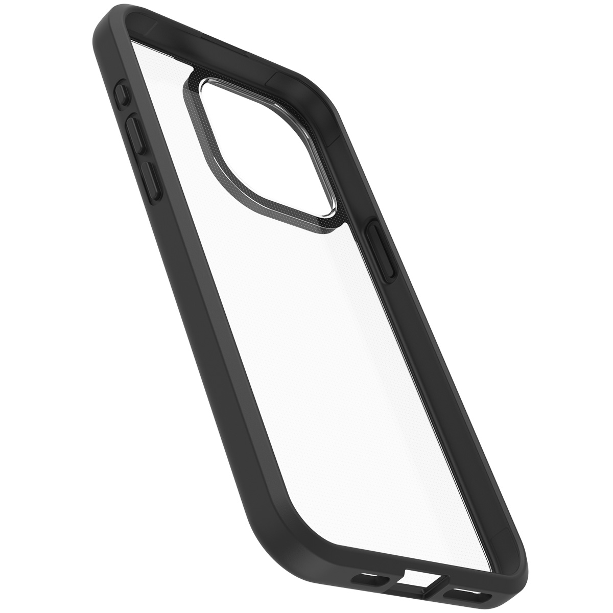 Coque de téléphone transparente avec bord noir, vue d'un angle, montrant le dos transparent.