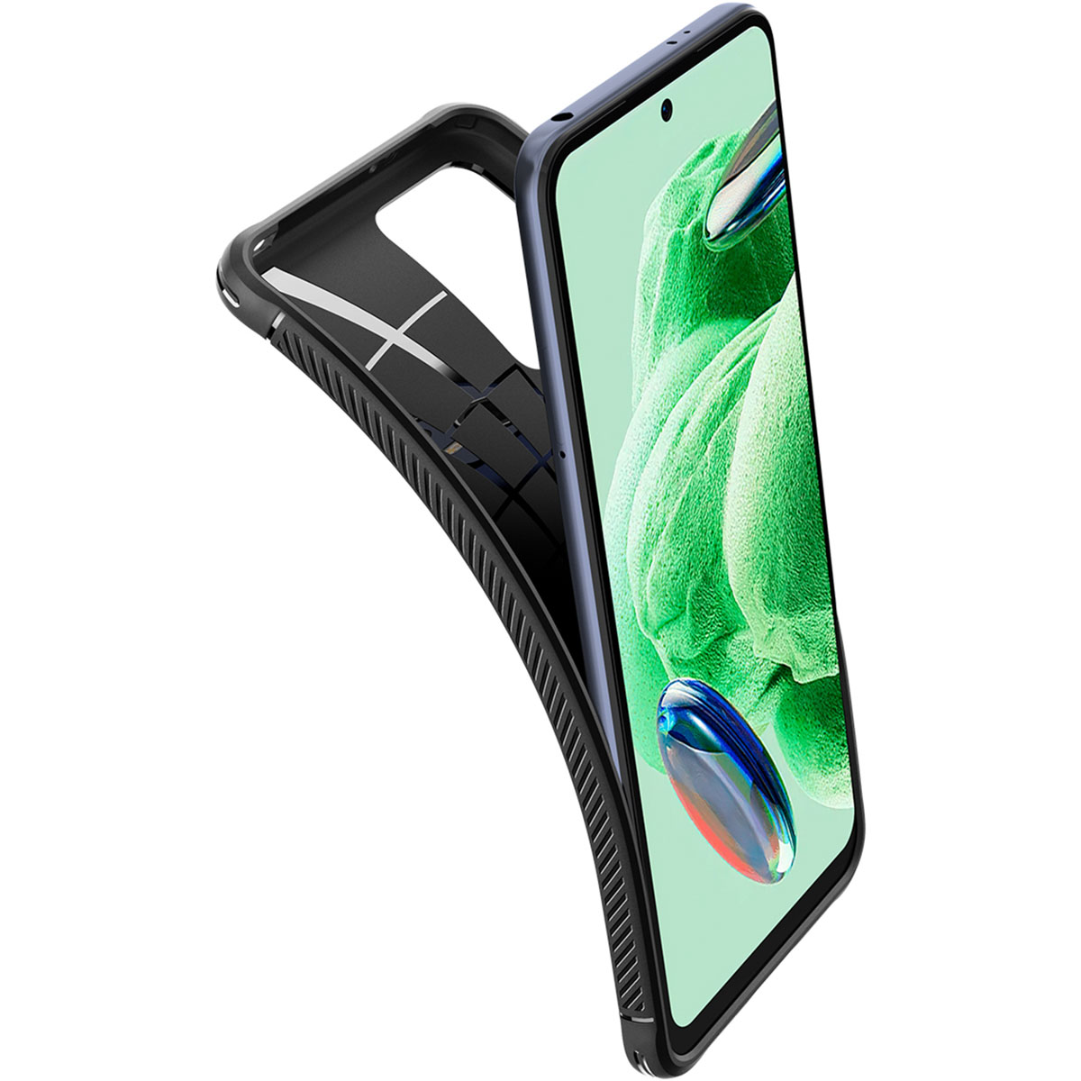 Telefon w czarnym etui. Telefon jest pochylony. Etui wydaje się być ochronne. Ekran jest widoczny.