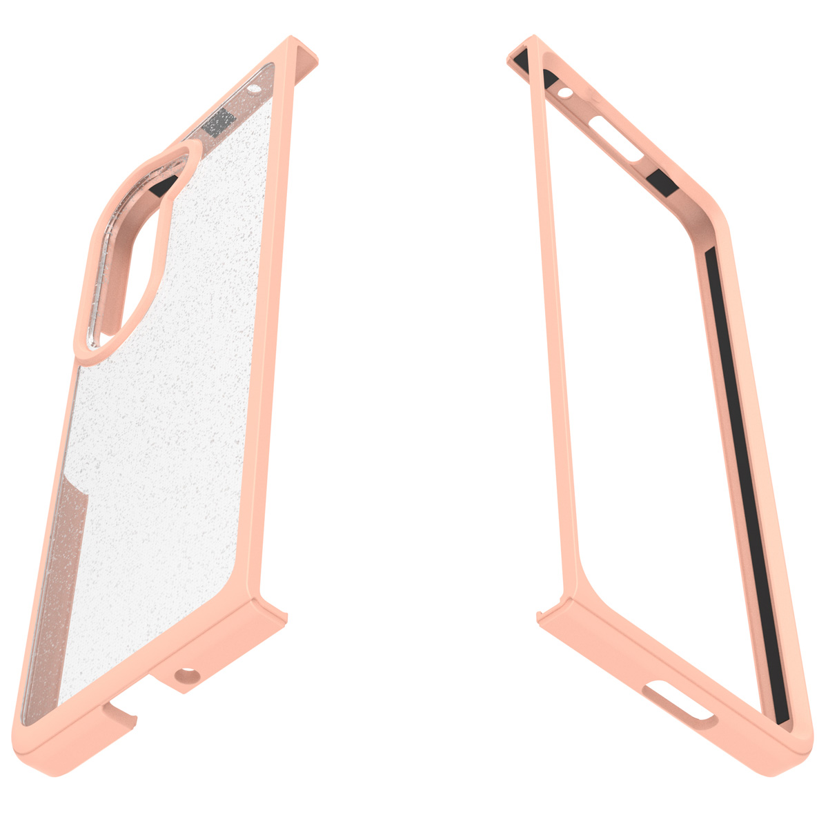 Due custodie per telefono color corallo, una trasparente con glitter, l'altra un telaio.
