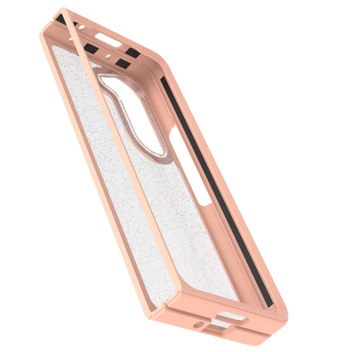 Una custodia per telefono oro rosa con retro trasparente e bordi protettivi.