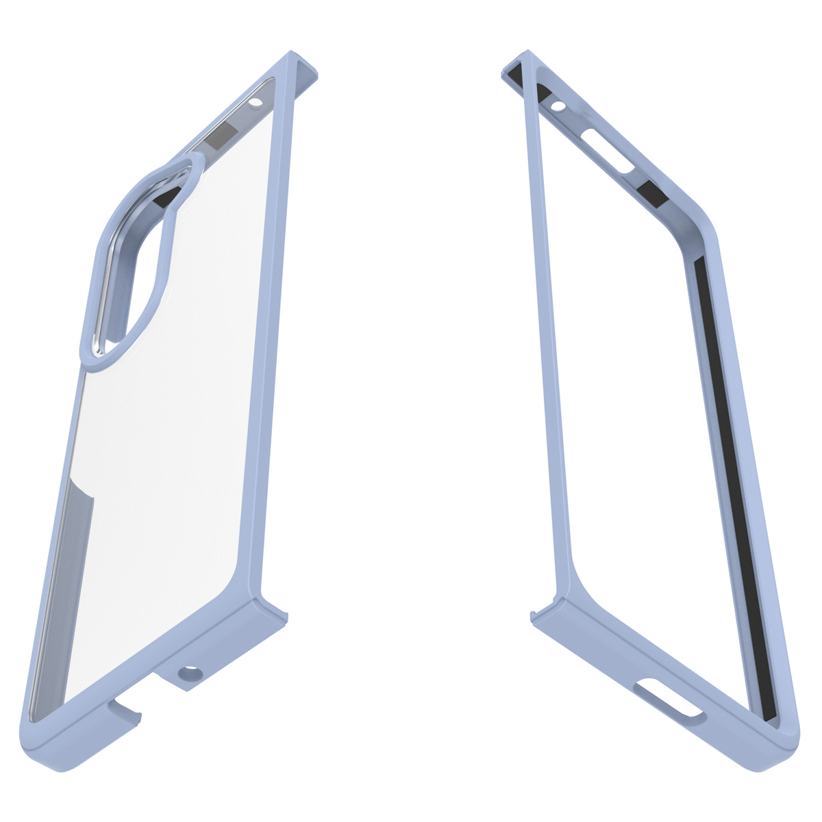 Custodia per telefono in due pezzi, telaio azzurro con parti anteriori e posteriori trasparenti. Separati, design.