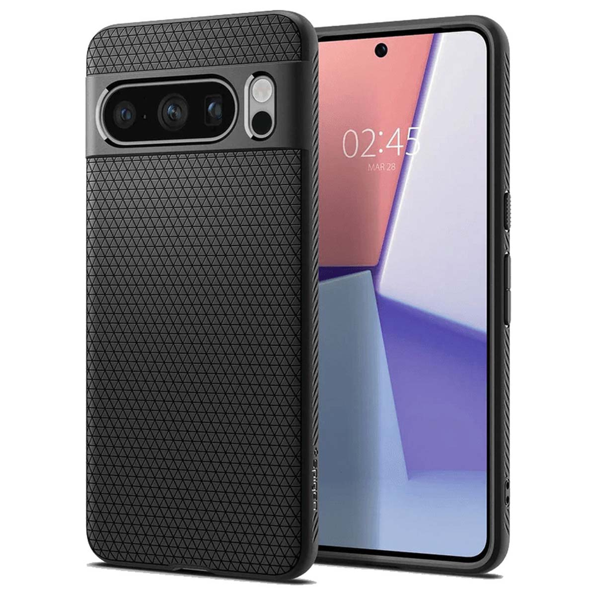 Zwarte telefoonhoes, gestructureerd oppervlak. Telefoon met camera. De telefoon is zwart en heeft een gestructureerd deel.