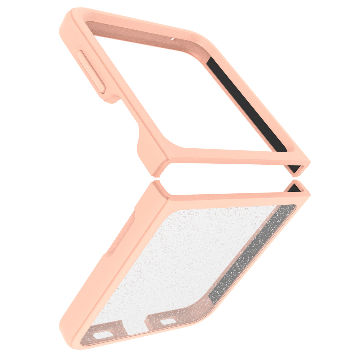 Custodia rosa per telefono, aperta. Il telaio è rosa, le sezioni trasparenti sono visibili. Otterbox visibile.