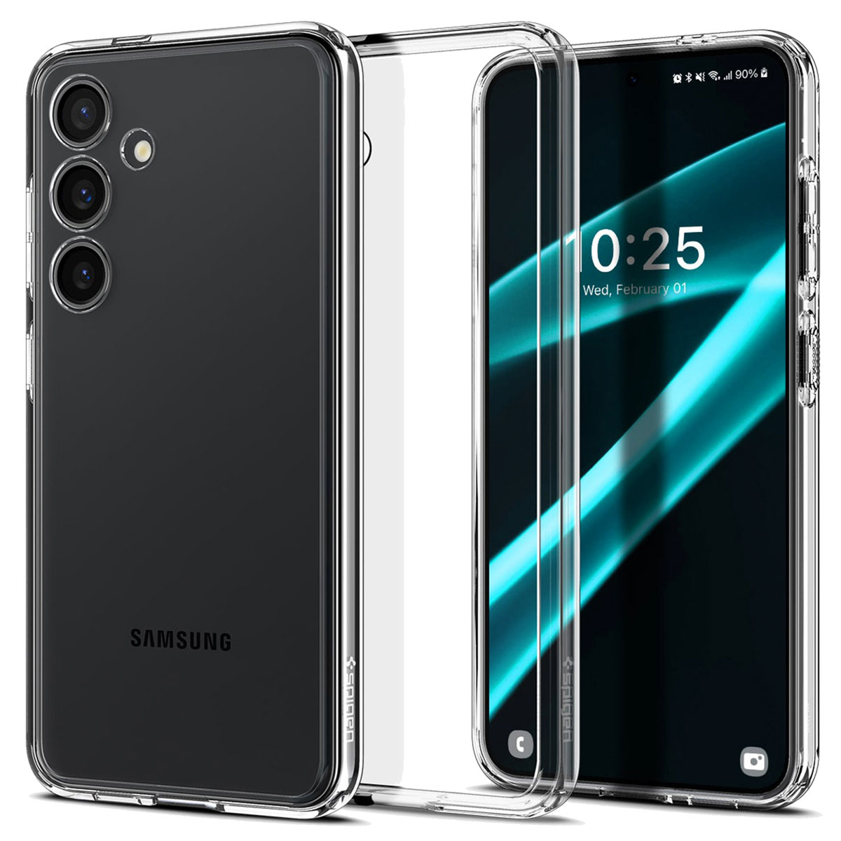 Un telefono in una custodia trasparente. Lo schermo mostra l'ora. La custodia ha bordi trasparenti.