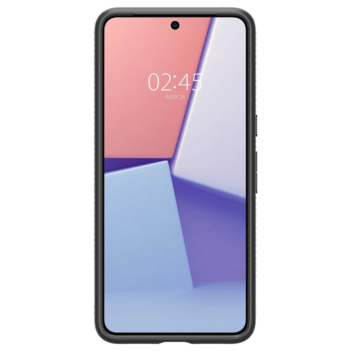 Zwarte telefoon met zwarte hoes, scherm toont tijd en achtergrond.
