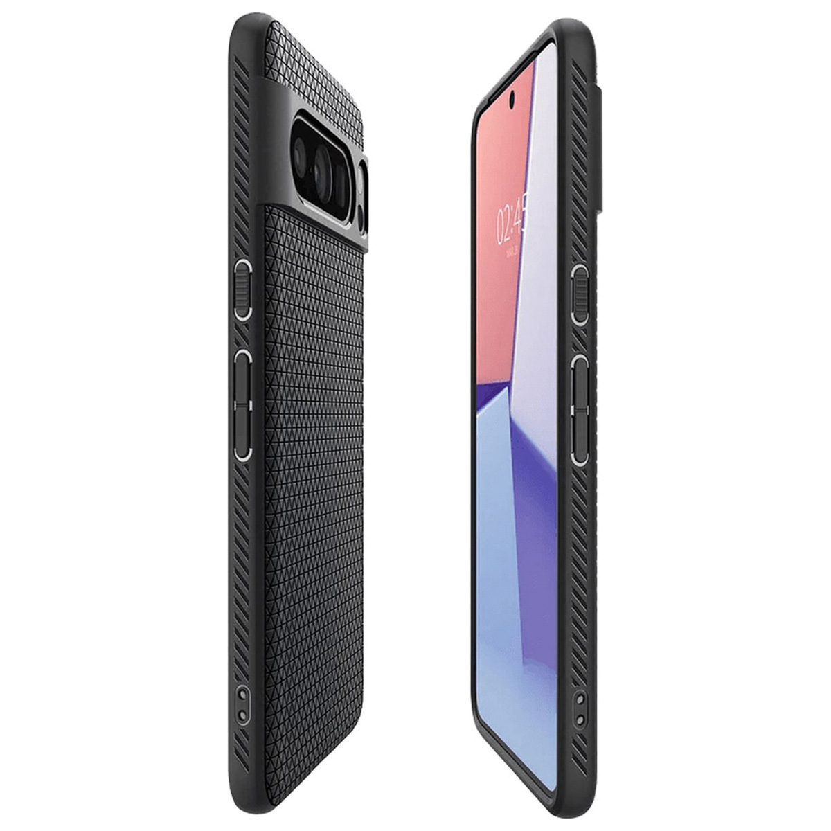 Twee telefoons met hoesjes. Eén toont het scherm met een klok en de andere de achterkant.