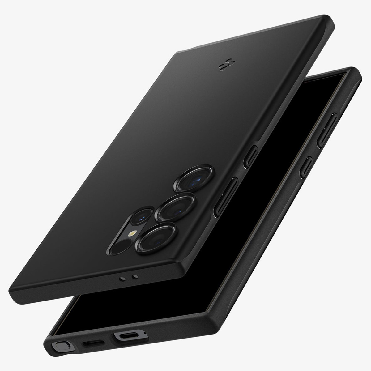 Zwarte telefoonhoes. De achterkant van de telefoon toont de camera en flitser.