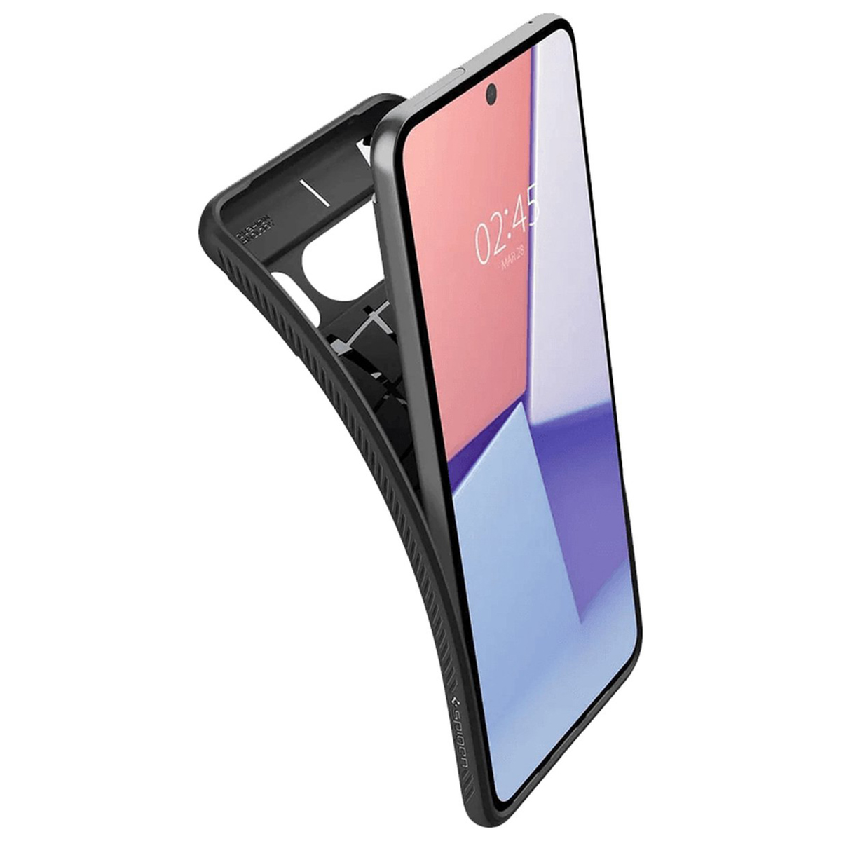 Zwarte telefoonhoes met telefoon. Het scherm is zichtbaar. De achtergrond is wit. De hoes staat schuin.