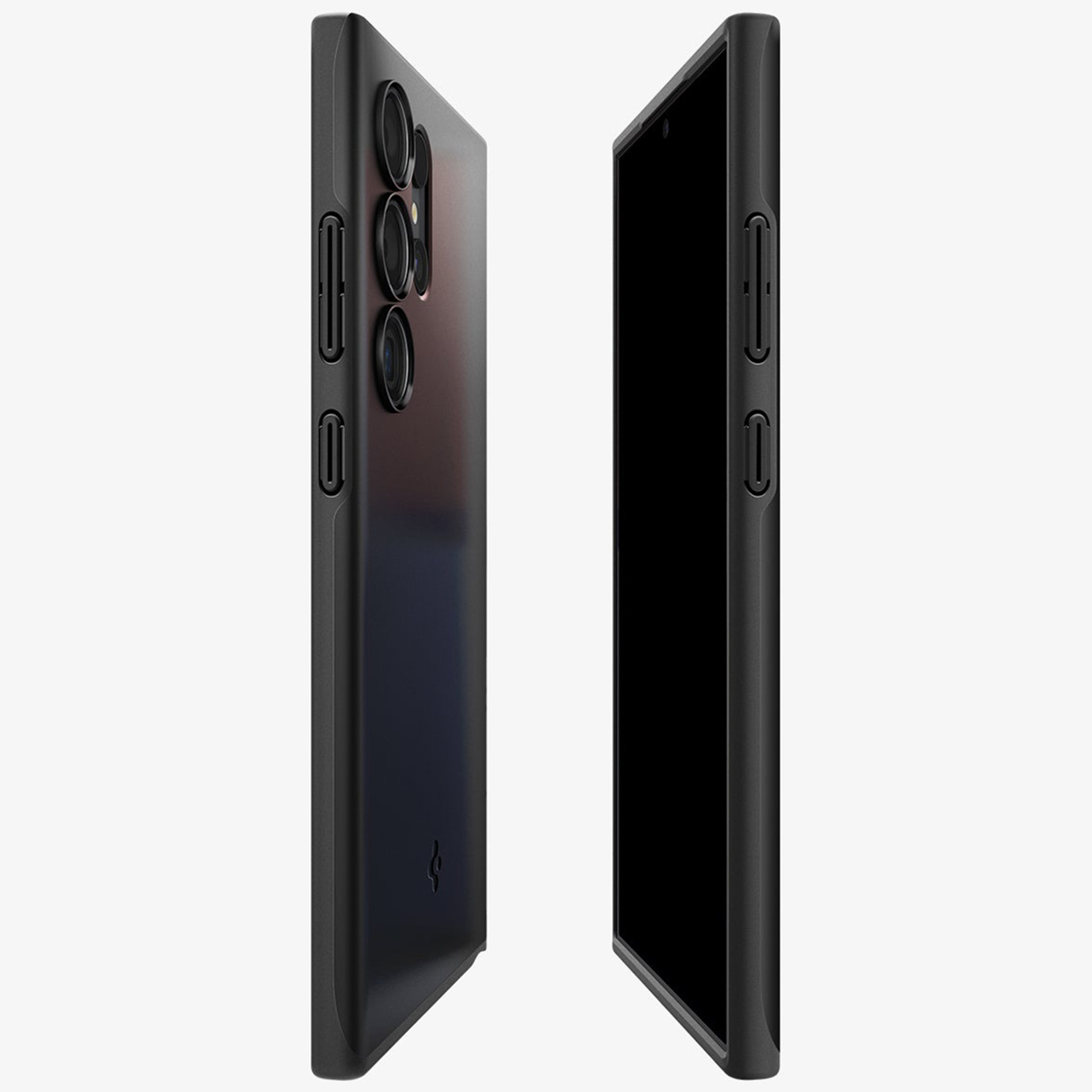 Twee zwarte telefoonhoesjes, één met de achterste camera's, de andere met het scherm.